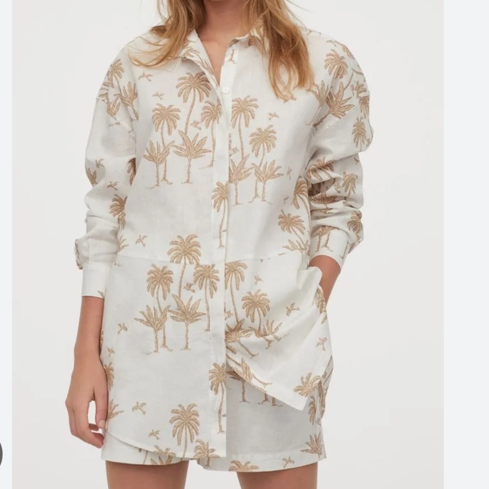 Desmond & Dempsey x H&M Palm Tree Linen Tunic | Cream Tan Tropical Button Shirt